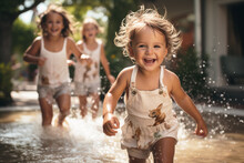 Group Of Little Children, Dressed In Colorful Swimwear, Are Joyfully Running Around Outdoors, Splashing Water And Laughing, Enjoying The Fun-filled Summer Activities Under The Warm Sun
