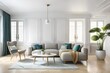 © Nyetock - White living room with sofa. Scandinavian interior design 3D illustration. Modern living room