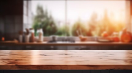 Wall Mural - Empty wooden table over blurred kitchen interior background, product display montage