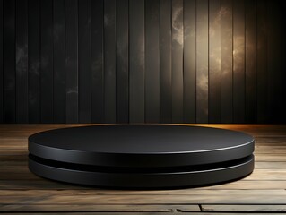 Wall Mural - Black round podium on the wooden floor.