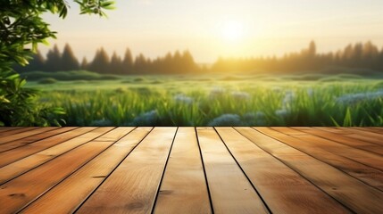 Wall Mural - Wooden floor with blurred background of green field and blue sky.