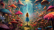 A Beautiful Girl In The Surreal World Of Wonders. Giant Mushrooms And Vibrant Colors