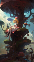 Wall Mural - a beautiful girl in the surreal world of wonders. Giant mushrooms and vibrant colors