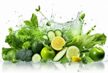 Wall Mural - fresh green vegetables with water splashes isolated on white background. generative ai