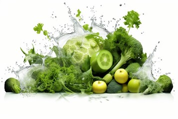 Wall Mural - fresh green vegetables with water splashes isolated on white background. generative ai