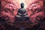 cherry blossom tree with buddha standing under it Generative AI
