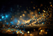 A dark and festive glittery background, with a mix of blue and gold sparkles and a defocused bokeh texture. Perfect for night events and holiday celebrations. AI Generative.