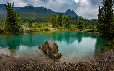  Ink Pots, Banff Alberta. Rain-kissed landscapes come alive in a dance of colors. Verdant meadows and crystal-clear pools blend seamlessly under a soft drizzle, in a masterpiece of tranquility.