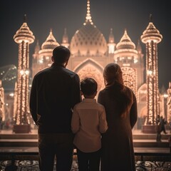 Wall Mural - Muslim family view mosque. muslim family eid greetings back view, Jumma Mubarak