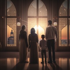 Wall Mural - Muslim family view mosque. muslim family eid greetings back view, Jumma Mubarak