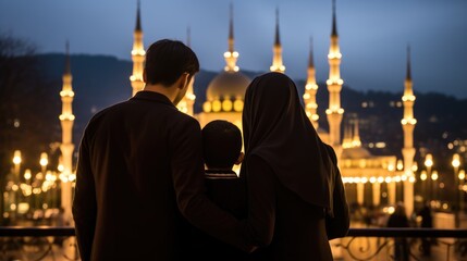 Muslim family view mosque. muslim family eid greetings back view, Jumma Mubarak