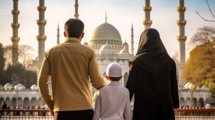 Muslim family view mosque. muslim family eid greetings back view, Jumma Mubarak