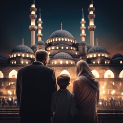 Wall Mural - Muslim family view mosque. muslim family eid greetings back view, Jumma Mubarak