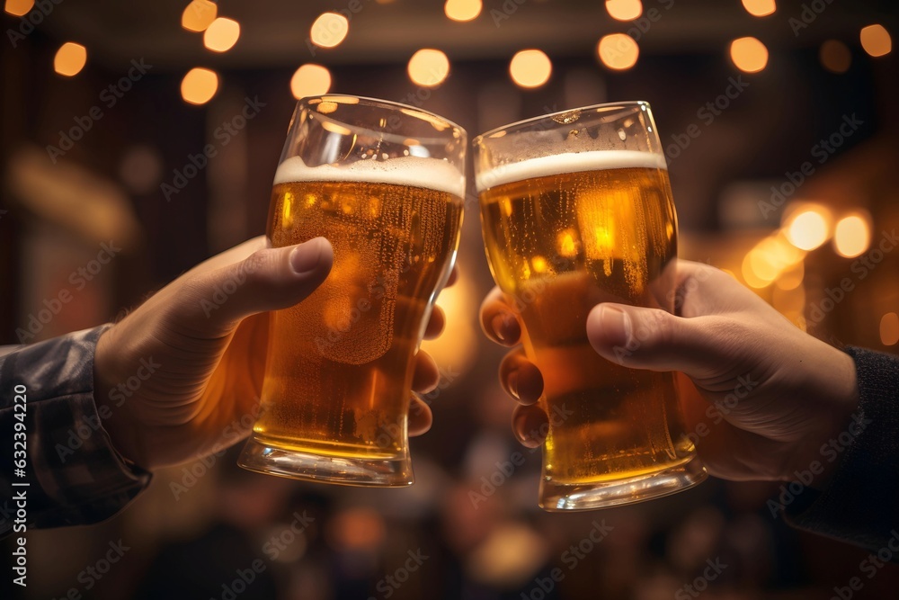 clinking glasses of beer at a bar Stock Photo | Adobe Stock