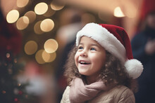 Happy Little Girl, Wearing A Red Santa Claus Hat, Looks Up To The Sky With A Sense Of Wonder And Joy, Embodying The Concept Of Worship And Prayer During The Holiday Season In Christmas