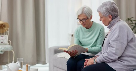 Poster - Reading, book club and elderly woman friends on a sofa in the living room of a home together. Retirement, conversation or hobby and senior women storytelling with a fiction novel in the house