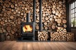 Black metal stove fireplace with wood in a woodpile - the interior of a private village house. Heating and heating of the house with firewood, the heat of the fire from the hearth. 3d rendering