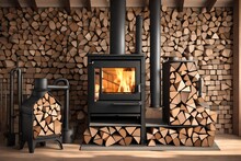 Black Metal Stove Fireplace With Wood In A Woodpile - The Interior Of A Private Village House. Heating And Heating Of The House With Firewood, The Heat Of The Fire From The Hearth. 3d Rendering 