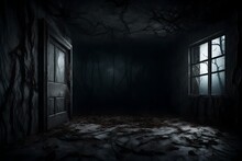 Abstract Horror Background For Halloween. Gloomy Scary Terrible Window With Ghostly Light And Shadows In A Dark Black Room In The Attic, Corridor Or Basement In An Abandoned House In The Forest 3d Ren