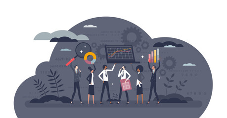 Wall Mural - Data analytics jobs as information research or processing tiny person concept, transparent background. Graphics, pie charts and diagrams with professional market analyst work illustration.