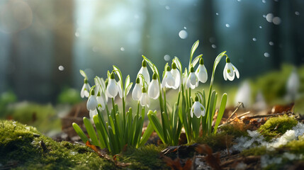 Wall Mural - Snowdrop Garden Purity. Purity and charm of Snowdrop blossoms shining in a photorealistic spring garden scene. Generative ai