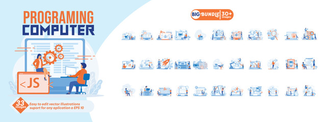 Programming computer concept illustration, collection of male and female business people scenes in the programming computer scene. mega set flat vector modern illustration