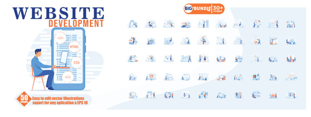 Wall Mural - website development concept illustration, collection of male and female business people scenes in th