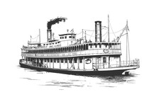 Large Steamboat Retro Hand Drawn Engraving Style. Vector Illustration Design.