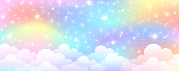 Wall Mural - Rainbow unicorn pastel background with glitter stars. Pink cloudy fantasy sky. Cute holographic space. Fairy iridescent gradient backdrop. Vector