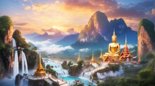 Serene Temples, Majestic Pagodas, And Tranquil Buddha Statues Find Their Place Harmoniously Amid The Breathtaking Beauty Of Mountains And Waterfalls.