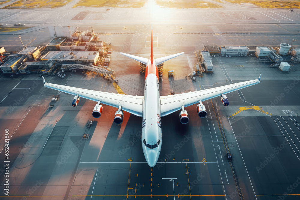 Aerial top view of airport with airplane running on runway for take off ...