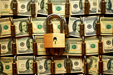 Background of paper money and padlock. Cash security and bank insurance. Business and financial protection. Financial safety and investment concept