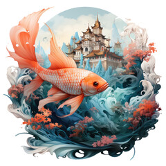 Wall Mural - An underwater fantasy castle betta fish t-shirt design, showcasing a majestic betta fish as the guardian of an enchanting underwater, Generative Ai