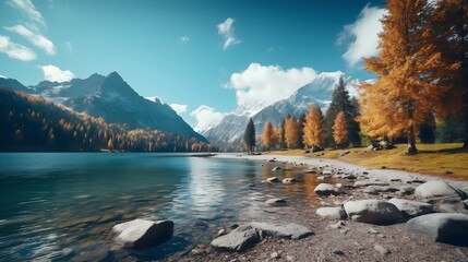  Generative AI : Beautiful autumn mountain nature lake with blue sky