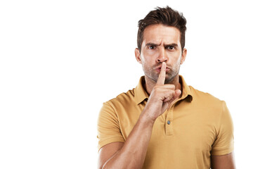 Wall Mural - Angry man, face and finger on lips for secret, warning and confidential news on isolated, transparent and png background. Frustrated model, portrait and privacy emoji hands on mouth for whisper noise