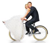 Portrait, Love And Wedding With Couple On Bicycle On Png For Celebration, Marriage And Cycling. Vintage, Event And Happiness With Man And Woman In Bike Isolated On Transparent Background For Romance
