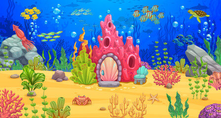Cartoon underwater landscape for game level map with sea coral house building, animals, fish shoal and seaweeds, vector background. Ocean or undersea world game level with coral, turtle and squid