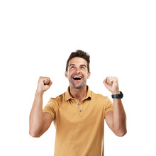 Excited, winner and man with celebration and fist for motivation and success sign. Male person, happy and smile from achievement cheer and winning victory isolated on a transparent, png background