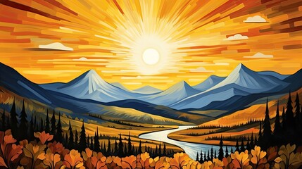 Wall Mural - Beautiful sunburst landscape illustration. Sunset art painting in golden hues.