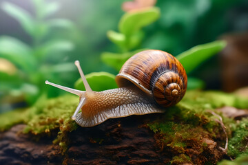 Close up photo of a snail in nature. macro photo of small snail at a tree branch