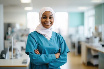 Muslim Hijabi Female nurse smiling at the camera, Workers of Healthcare profession portrait