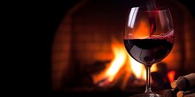 Pouring Red Wine Into A Glass At Night Near Fireplace Flames. Cozy Wintertime Background With Copy Space, Generative AI