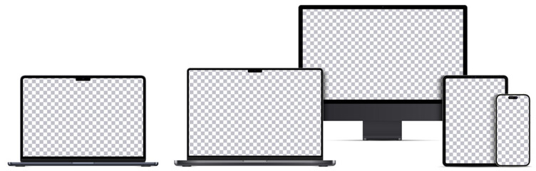 Wall Mural - Mock-up screen 2023-2024 yers. Set devices black colors. Laptop pro and air, Computer monitor, Tablet and Smartphone with blank screens for you design. Vector illustration	