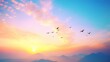 abstract beautiful peaceful spring morning sky background sunrise new day and flying flock of birds, Generative AI