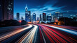 canvas print picture - The motion blur of a busy urban highway during the evening rush hour. The city skyline serves as the background, illuminated by a sea of headlights and taillights. Generative AI