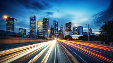 The motion blur of a busy urban highway during the evening rush hour. The city skyline serves as the background, illuminated by a sea of headlights and taillights. 