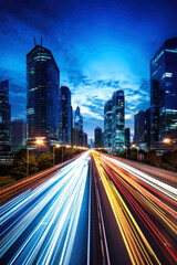 Wall Mural - The motion blur of a busy urban highway during the evening rush hour. The city skyline serves as the background, illuminated by a sea of headlights and taillights. Generative AI