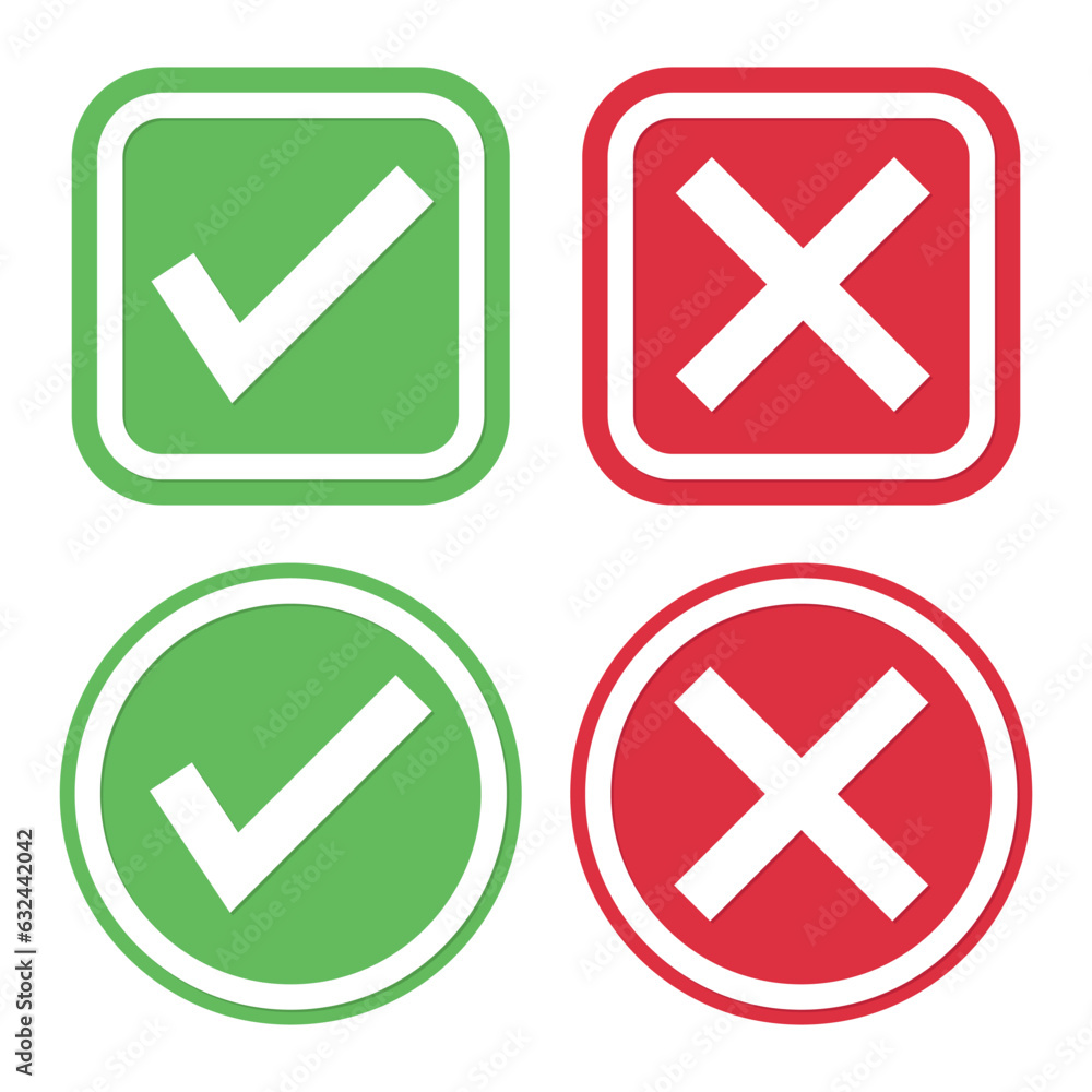 Check Mark Box Icon, Green Yes And Red No Sign, Tickmark Correct And Wrong Set Symbol, Check Mark Stickers Set, Cross, Approved Button And Reject Button, Set Of Glossy Button Vector Illustration