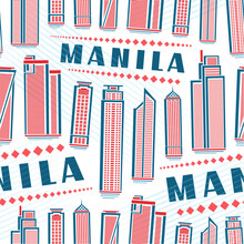 Vector Manila Seamless Pattern, Repeating Background With Illustration Of Red Famous Manila City Scape On White Background For Wrapping Paper, Decorative Line Art Urban Poster With Blue Text Manila