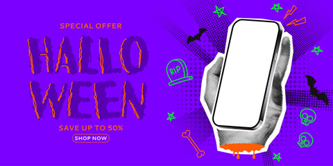 Wall Mural - Holiday banner for Halloween sale. Halftone palm holds phone. Vector illustration in collage style. Ad banner with discount offer for Halloween sale events with halftone items and doodles.